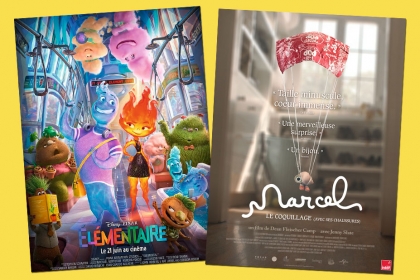 Affiches des films Élémentaire et Marcel le coquillage.