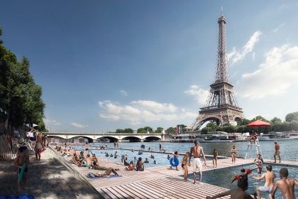 image montrant une base nautique fictives au pied de la Tour Eiffel. On y voit des baigneurs.