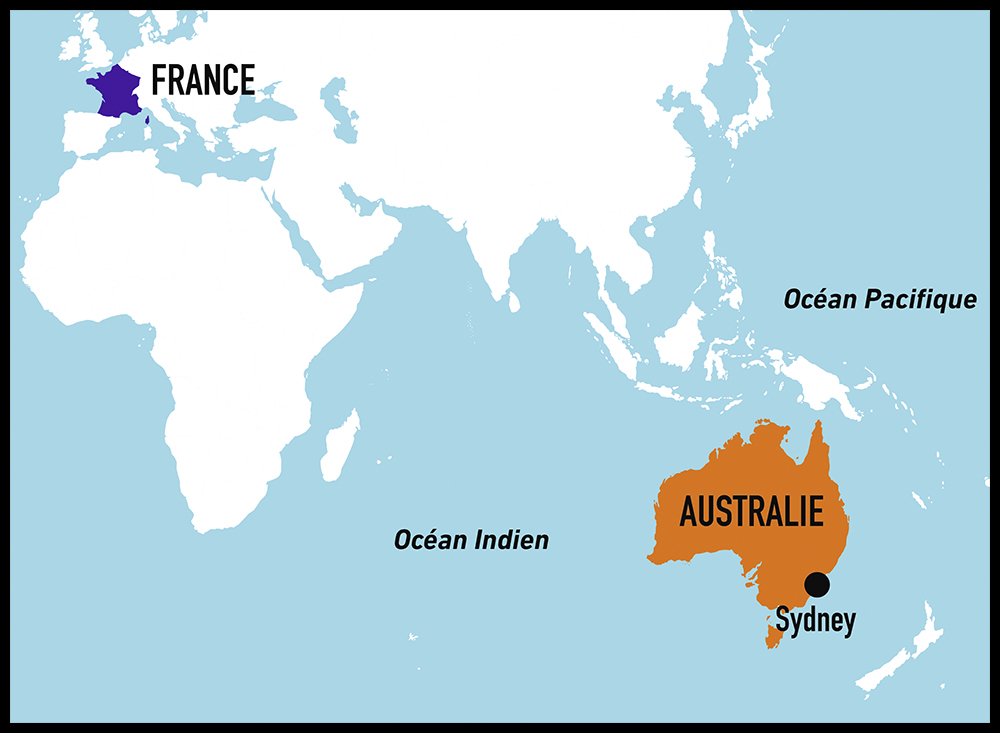 Carte de situation de l'Australie par rapport à la France.