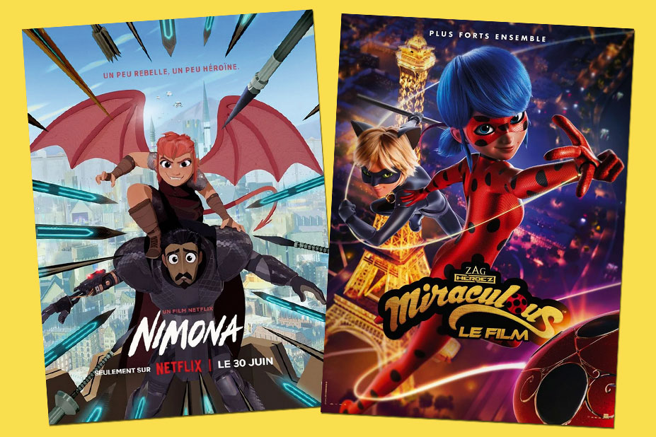 Affiches des films d'animation Miraculous et Nimona.