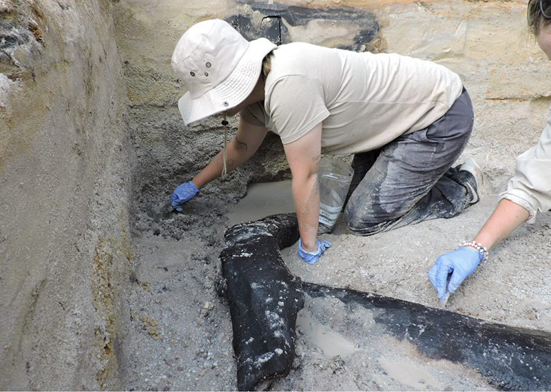 Deux archéologues à genoux près de la structure de bois prise dans la terre. 