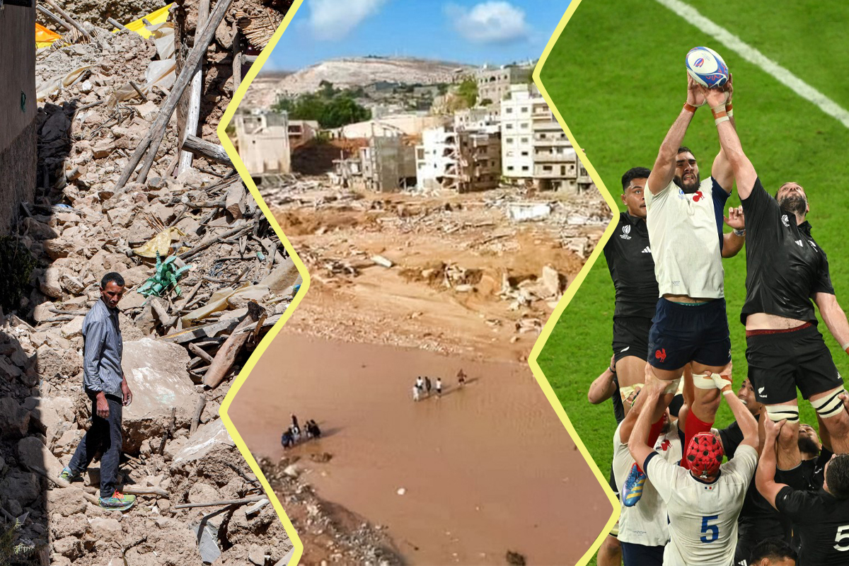 image construite à partir de 3 photos. À gauche : un homme dans les gravats d'un bâtiment qui s'est entièrement effondré. Au centre une vue aérienne de la ville de Derna, noyée sous les eaux. À droite une photo des joueurs de rugby français et néo-zélandais lors de leur match.