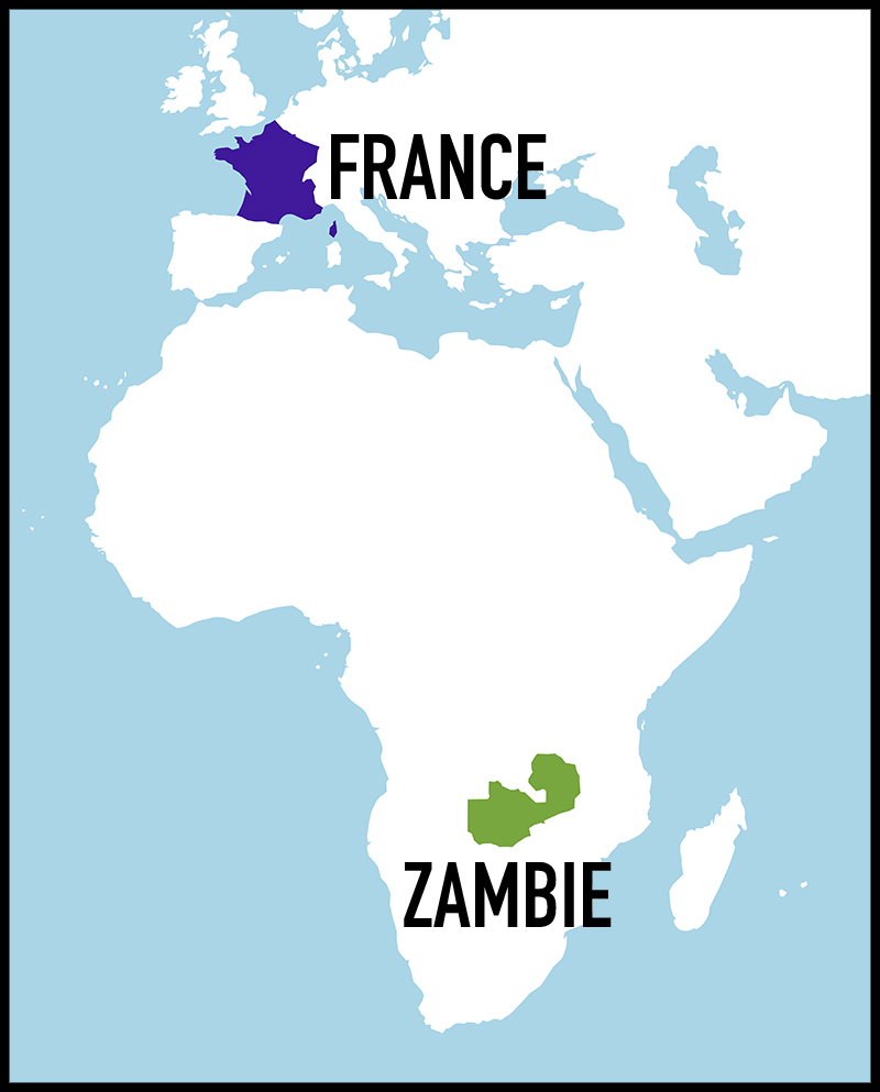carte où montre se situe la Zambie par rapport à la France