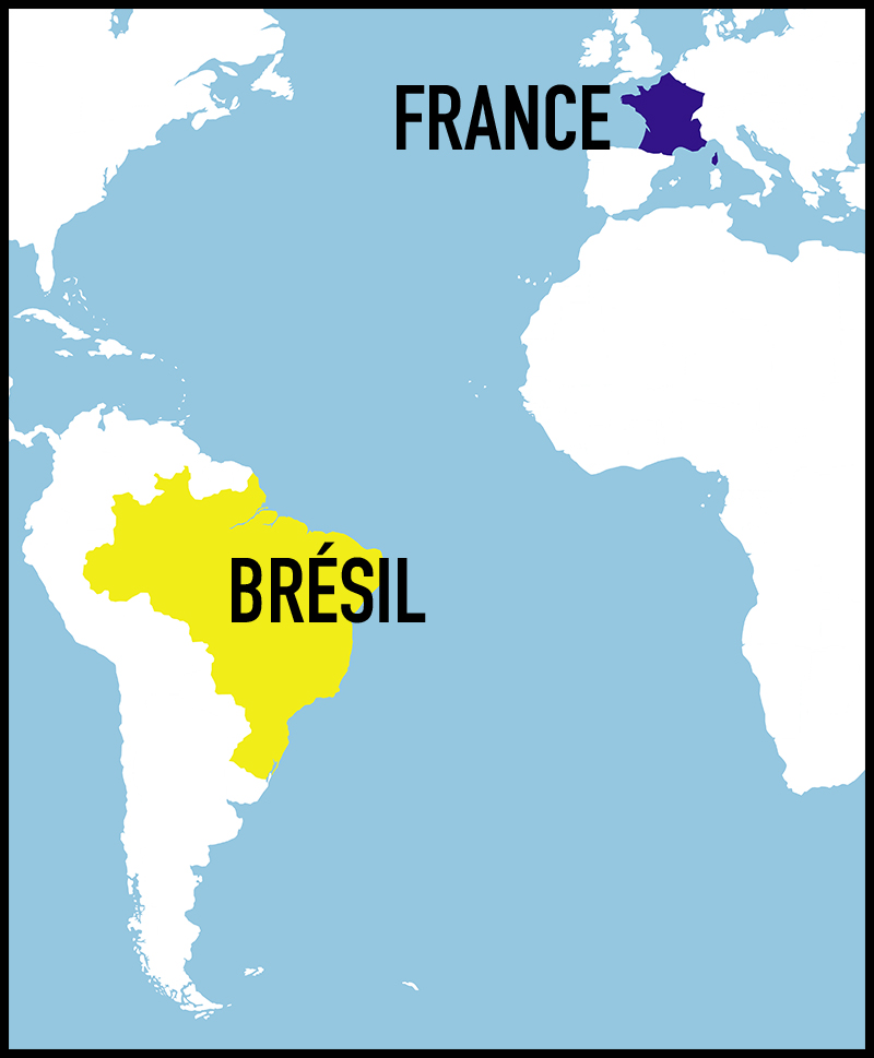 carte montrant où se situe le Brésil par rapport à la France