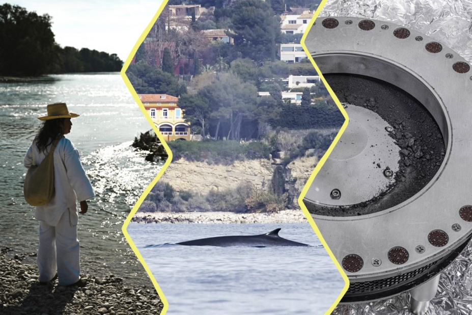Image composée de 3 photos. À gauche : un Kogi au bord du Rhône. Au centre : une baleine au large de Marseille. À droite : la capsule envoyée sur Terre avec des morceaux d'astéroïde