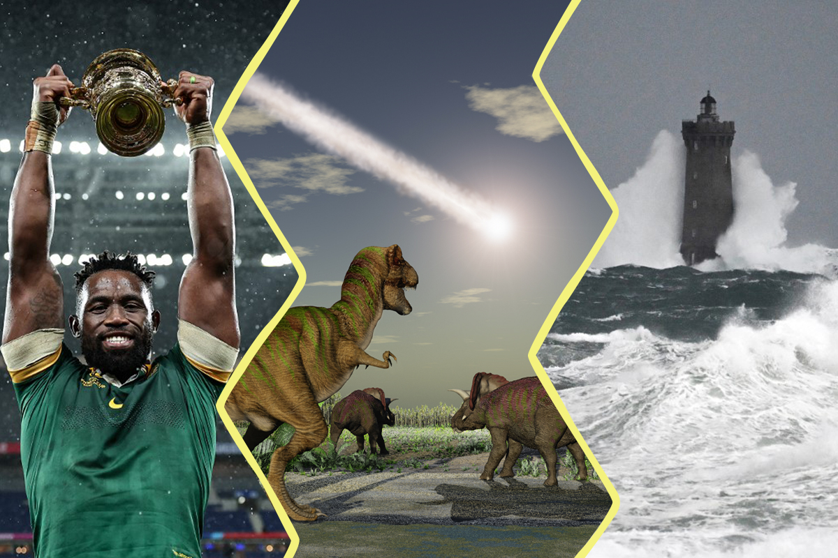 Une image composée de 3 visuels. À gauche : le capitaine de l'équipe d'Afrique du sud de Rugby brandissant la coupe Webb Ellis. Au centre : une illustration de dinosaures regardant une météorite dans le ciel. à droite : une photo d'une vague s'écrasant sur un phare à Porspoder.