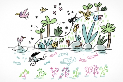 Illustration d'un personnage qui plonge dans l'eau entouré par une biodiversité très variée.