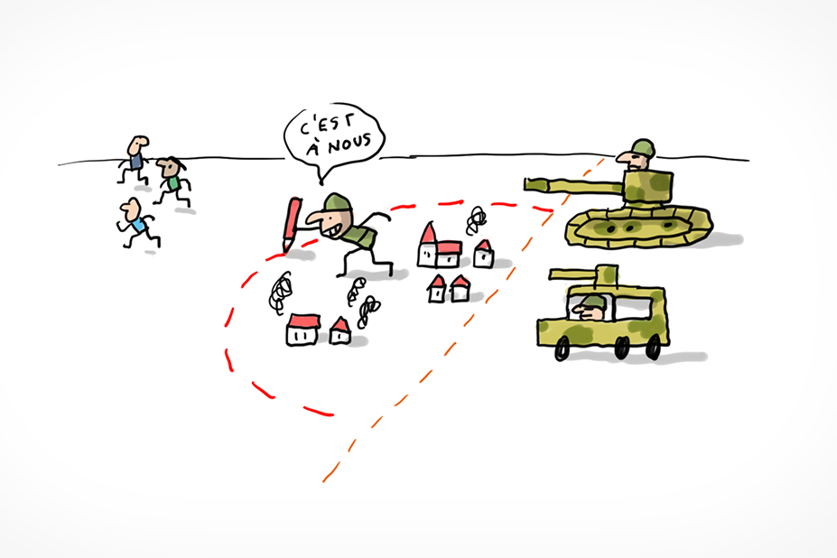 Illustration d'une scène de guerre. À droite des véhicules militaires arrivent et un soldat dessine une zone rouge autour d'une ville en disant "c'est à nous". Sur la droite, on voit 3 habitants de cette ville s'échapper en courant, apeurés.
