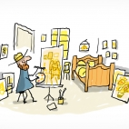 Illustration du peintre Vincent Van Gogh en train de peindre le célèbre tableau représentant sa chambre. On aperçoit aussi son tableau Les tournesols dans un coin de la pièce.