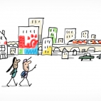 Deux enfants se promènent dans une ville en admirant les oeuvres de street art peints sur les murs des maisons, des immeubles et sur le métro aérien.