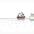 Un bateau transportant un personnage avec des valises traverse une mer de la gauche vers la droite. À gauche son pays d'origine qu'il quitte. À droite la France, où il va bientôt accoster, que l'on reconnait car il y a la Tour Eiffel.