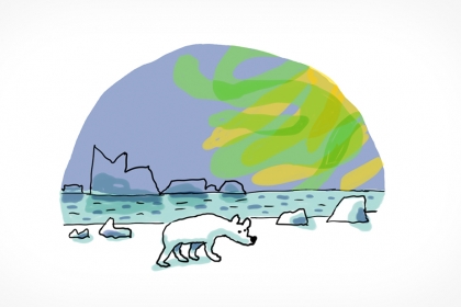 Un paysage du pôle Nord. On voit un ours blanc en train de marcher sur la banquise. Derrière la banquise on voit la mer, des icebergs et des aurores boréales dans le ciel.