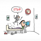 Une petite fille dans sa chambre, assise sur son lit, est complètement hypnotisée par l'écran de sa tablette. Dans son dos, son chat lui dit "stop" tout en rebondissant sur le lit.