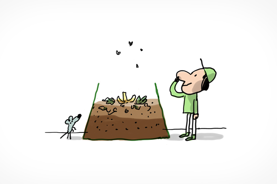 Un garçon se bouche le nez devant un compost. C'est une grande boite dans laquelle se trouve les déchets verts plus ou moins décomposés. Quelques mouches volent au-dessus du compost et une petite souris se trouve à sa gauche.