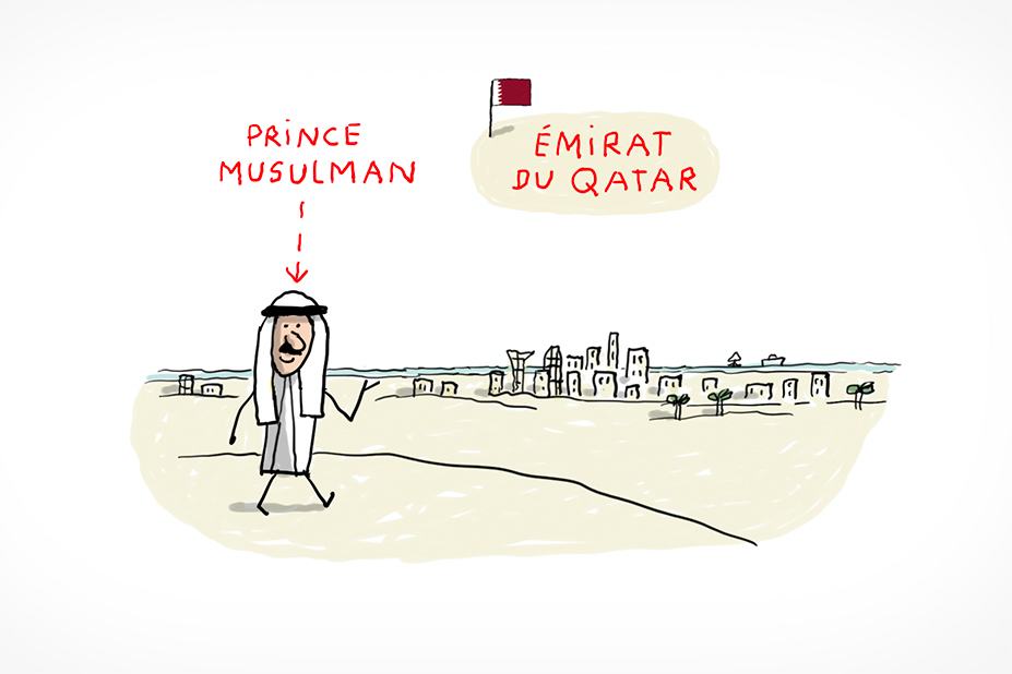 Un prince musulman portant la tenue classique du Qatar se promène dans le désert et nous montre au loin une ville.