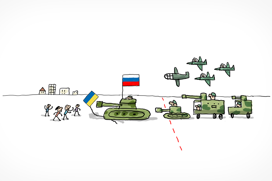 Des tanks et des avions de chasse portant le drapeau russe traversent une frontière. Ils écrasent le drapeau ukrainien. Du côté ukrainien se trouvent des personnes prêtes à se défendre, elles et leur ville.