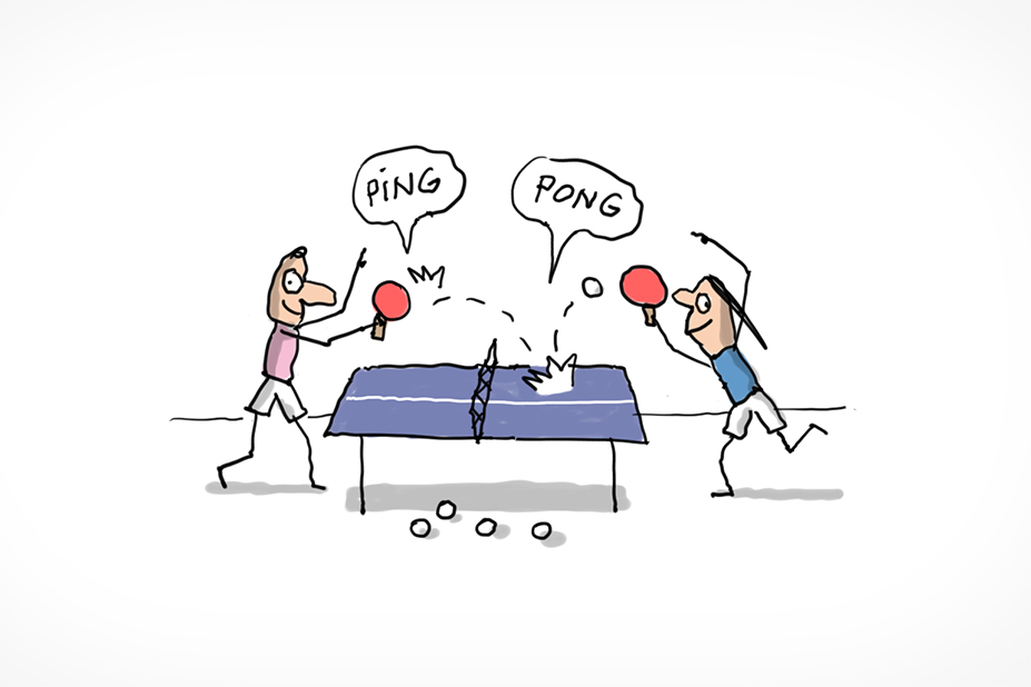 Deux enfants sont en train de jouer au ping-pong ensemble. Quand elles touchent la table, les balles font le bruit "ping-pong".