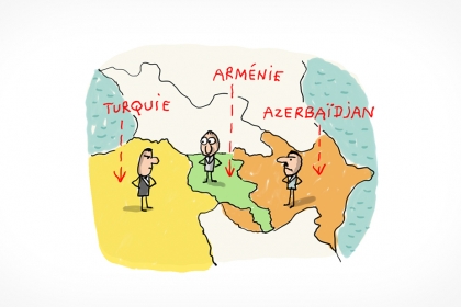 Sur une carte, on distingue 3 pays de couleurs différentes. Celui du centre est l'Arménie, il est entouré de la Turquie à gauche et de l'Azerbaïdjan à droite. Sur chacun des pays se trouve un personnage, le turc et l'azerbaïdjanais regarde l'arménien avec un mauvais regard.
