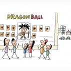 Un groupe d'enfants et d'ados regardent la vitrine d'une librairie. Dans la vitrine se trouve des exemplaires du manga Dragon Ball et un poster représentant son héros, Son Goku. À l'arrière-plan on voit une ville surplombée du drapeau japonais.