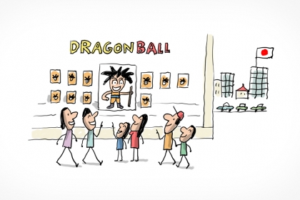 Un groupe d'enfants et d'ados regardent la vitrine d'une librairie. Dans la vitrine se trouve des exemplaires du manga Dragon Ball et un poster représentant son héros, Son Goku. À l'arrière-plan on voit une ville surplombée du drapeau japonais.