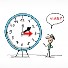 Un personnage montre du doigt une horloge géante. L'horloge a trois flèches, dont l'heure indique une heure de différence.