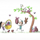 Deux enfants font la chasse aux œufs de Pâques dans un jardin. Un peu partout sont cachés des oeufs. Le petit garçon est content car il a trouvé un oeuf et un lapin en chocolat. La petite fille, elle, porte un panier rempli de petits oeufs en chocolat de toutes les couleurs.