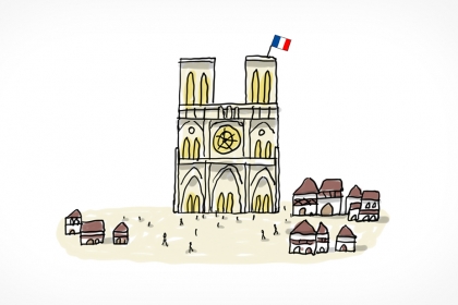 Notre Dame-de-Paris vue de face. Un drapeau français sur une des tours. Des petites maisons du moyen-âge tout autour de la cathédrale.