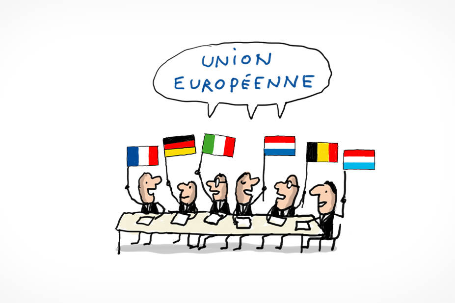 À une grande table, 6 personnages brandissent les drapeaux de certains pays de l'Union européenne : la France, l'Allemagne, l'Italie, les Pays-Bas, la Belgique et le Luxembourg.