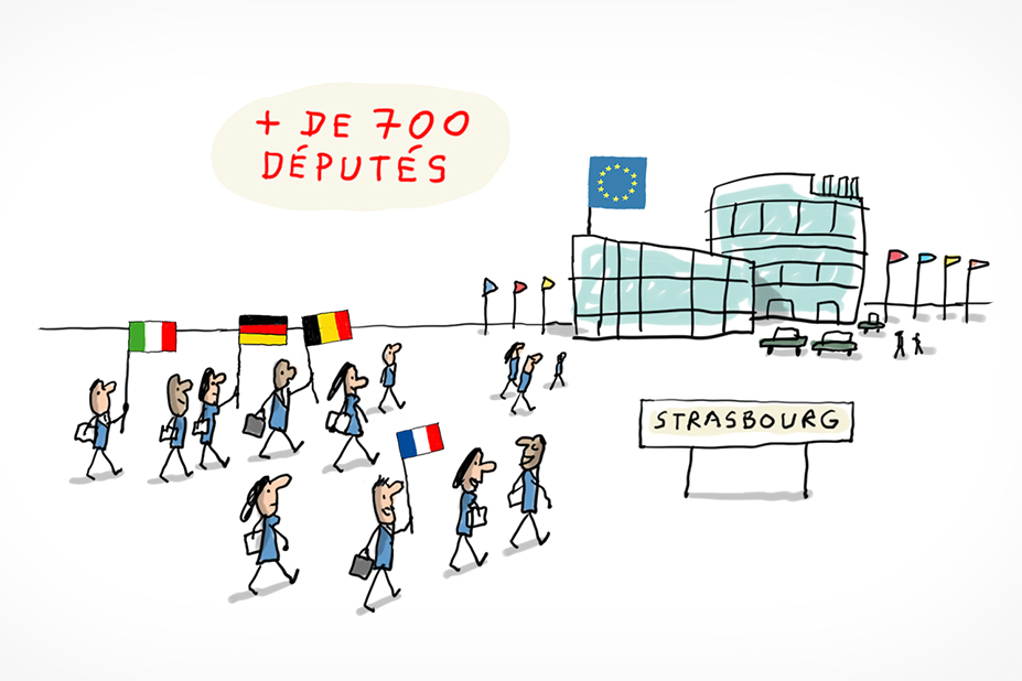 Un groupe de députés européens de différents pays (France, Allemagne, Belgique, Italie) se dirigent vers le bâtiment du parlement européen qui se trouve à Strasbourg, en France.