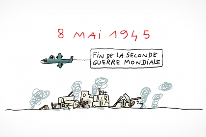 Dans le ciel d'une ville complètement détruite et en fumée, un avion passe. Cet avion tracte une banderole sur laquelle est inscrite la phrase "fin de la seconde guerre mondiale". C'est le 8 mai 1945.