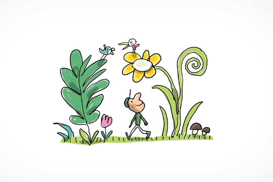 Un enfant se balade, heureux; au milieu de très grandes herbes, de fleurs et d'oiseaux.