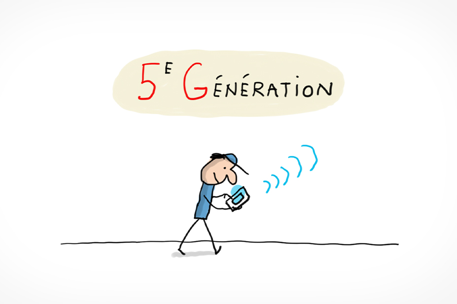 Un personnage marche et regarde son smartphone qui émet des ondes. C'est la 5G.