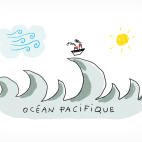 Une énorme vague dans l'océan Pacifique. D'un côté se trouve des nuages froids et de l'autre un soleil.