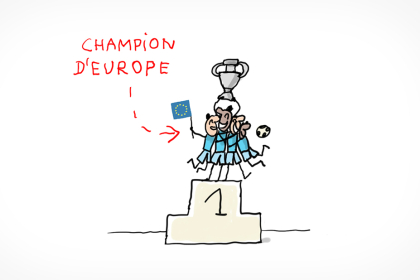 Une équipe de football est sur la première marche d'un podium. Les joueurs portent la coupe de l'Euro de foot et un drapeau européen. Ils sont champion d'Europe !