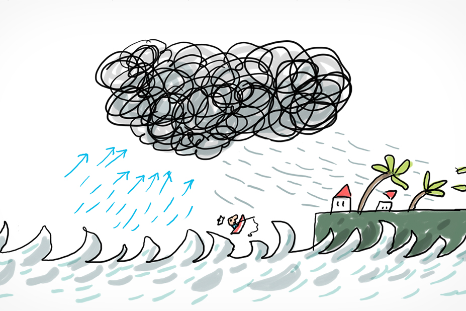 Un gros nuage gris provoque de grandes vagues dans la mer, du vent et de la pluie qui font se plier les arbres.