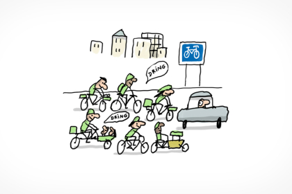 Un groupe de cyclistes double une voiture en faisant dring-dring avec leur sonnette.