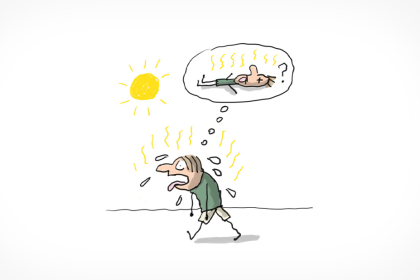 Une personne a très très chaud quand elle marche dans la rue lors de la canicule. Il y a un grand soleil. La personne tire la langue, sue et s'imagine inconsciente tellement elle a chaud.