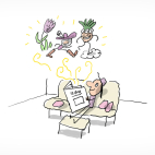 Un enfant lit, tranquillement installé sur son canapé. De son livre sortent des personnages imaginaires.