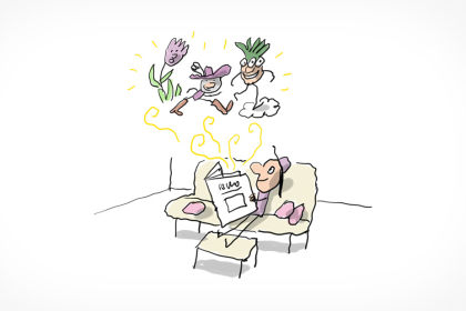 Un enfant lit, tranquillement installé sur son canapé. De son livre sortent des personnages imaginaires.