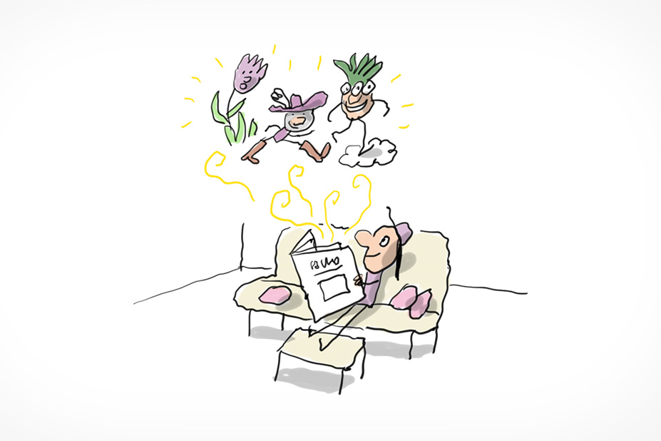 Un enfant lit, tranquillement installé sur son canapé. De son livre sortent des personnages imaginaires.
