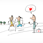 Deux coureurs sont observés et encouragés par un médecin car ils font du sport et que c'est bon pour leur santé.