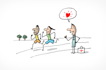 Deux coureurs sont observés et encouragés par un médecin car ils font du sport et que c'est bon pour leur santé.