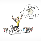 Un cycliste du Tour de France portant un maillot jaune lève les bras en signe de victoire. Il est acclamé par une foule de supporters.