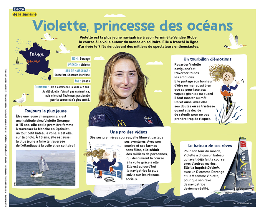 Un article sur Violette Dorange qui montre son portrait entouré de dessins de son parcours au Vendée Globe 2025. Le titre de l'article est 