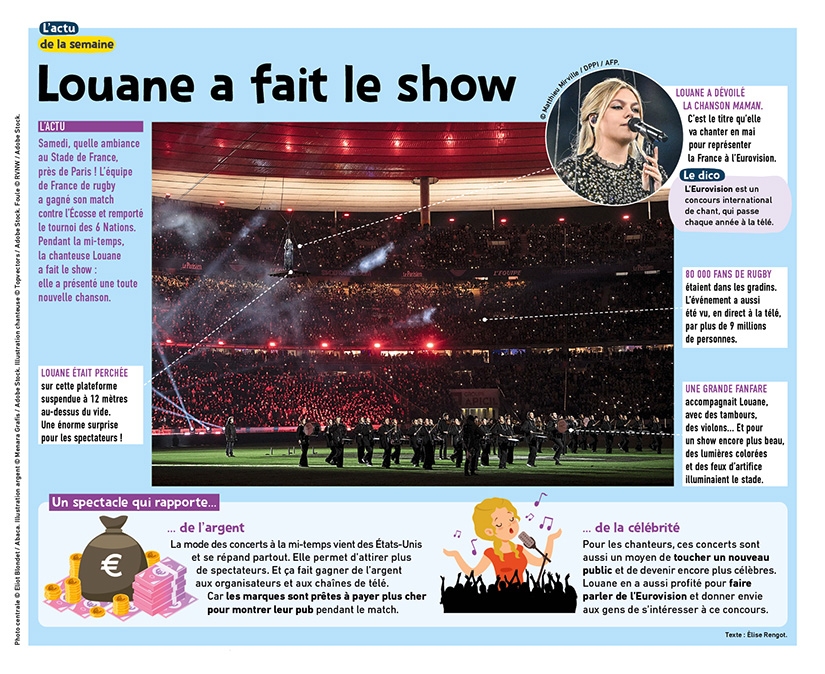 Page d'actualité sur Louane à la mi-temps du match des 6 Nations.