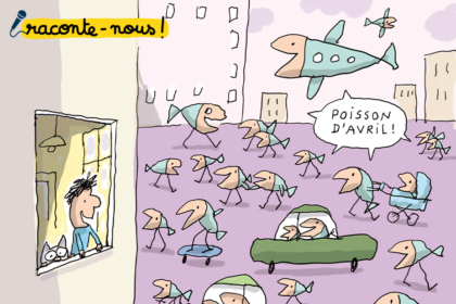 illustration montrant plein de poissons dans un ville s'écriant "poisson d'avril"