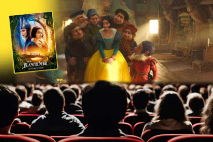 Montage d'une salle de cinéma, avec sur l'écran une image du film Blanche Neige : l'héroïne et entourée par les 7 nains.