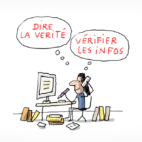 Une journaliste est en train d'écrire un article sur son ordinateur. Elle est au téléphone our vérifier que ce qu'elle écrit est vrai et juste.