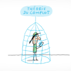 Une personne tenant son smartphone est bloquée sous une grille imaginaire présentant la "théorie du complot".