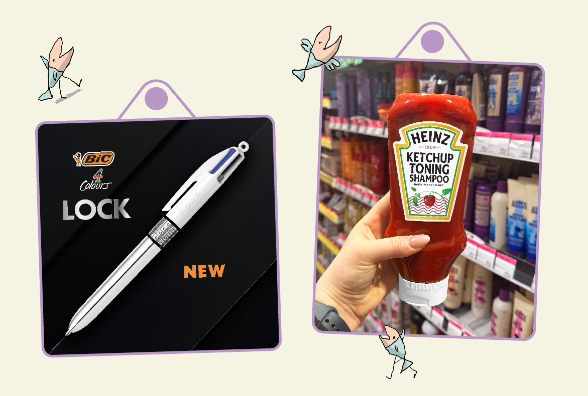 photo d'un stylo 4 couleurs avec un code intégré et d'une bouteille de ketchup avec une étiquette annonçant que c'est un shampoing